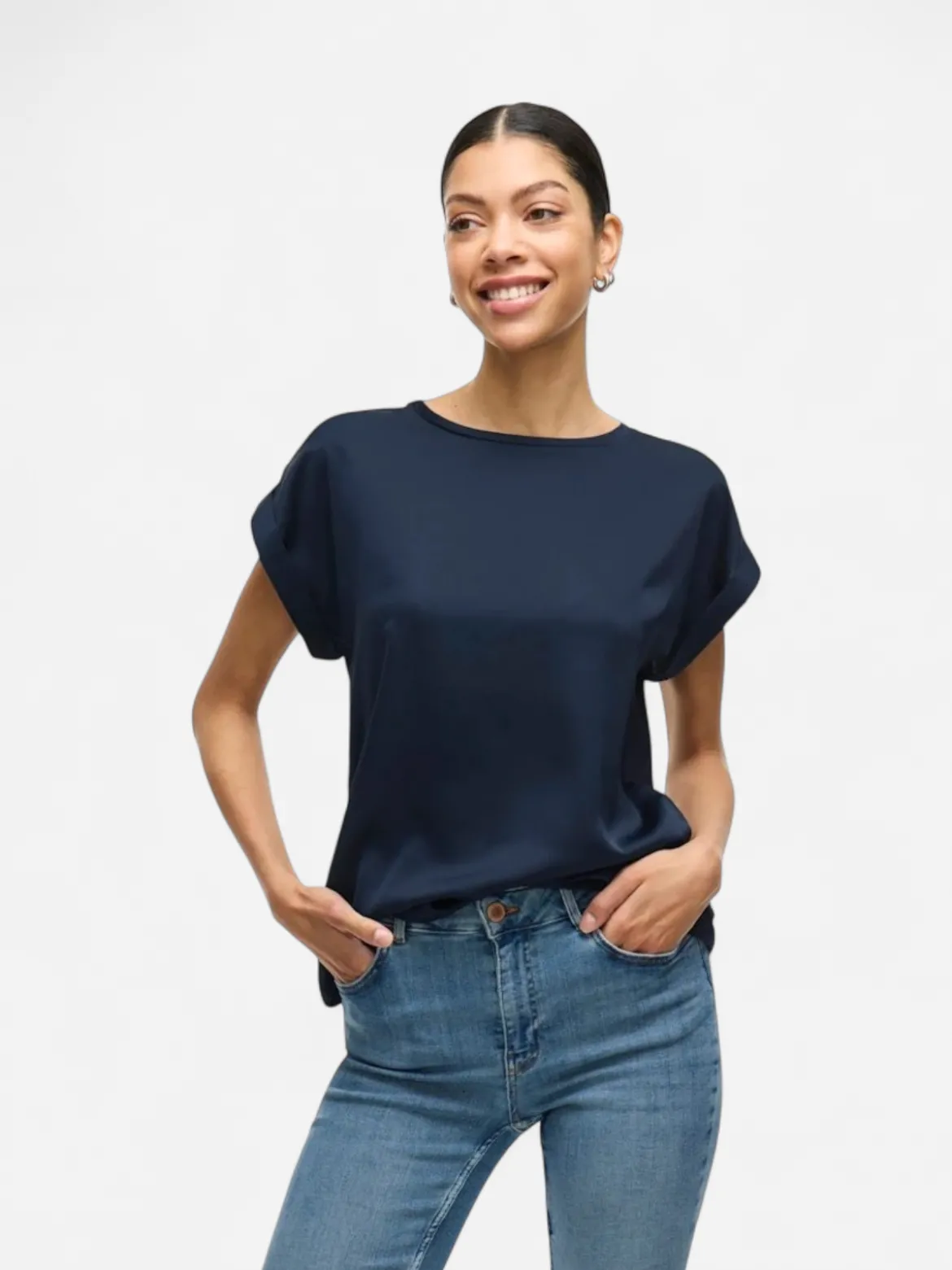 Vila lyhythihainen toppi, VIELLETTE S/S SATIN TOP Navy Blazer