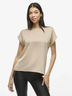 Vila lyhythihainen toppi, VIELLETTE S/S SATIN TOP Cement