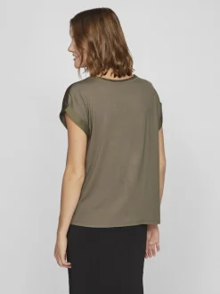 Vila naisten lyhythihainen toppi K-Viellette S/S Satin Top - NOOS, Dusty Olive