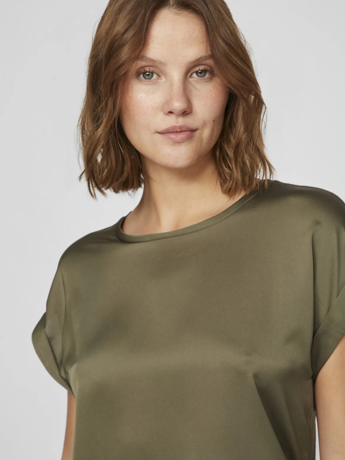 Vila naisten lyhythihainen toppi K-Viellette S/S Satin Top - NOOS, Dusty Olive