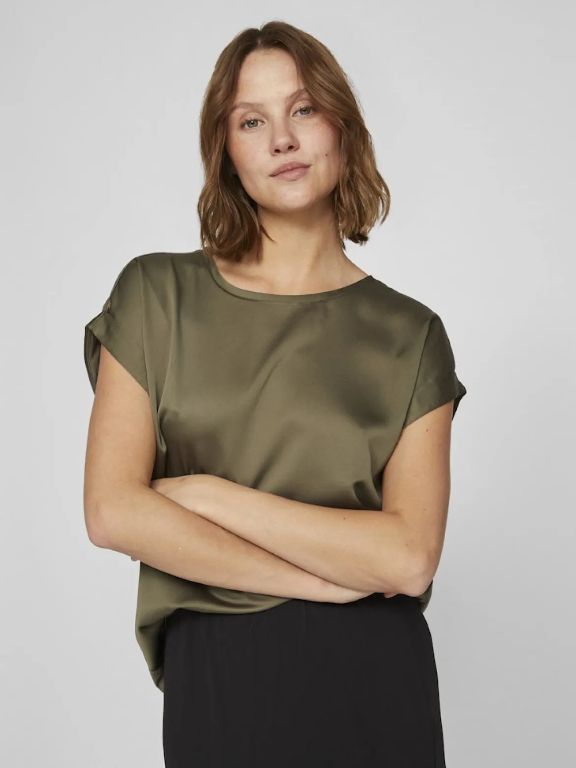 Vila naisten lyhythihainen toppi K-Viellette S/S Satin Top - NOOS, Dusty Olive