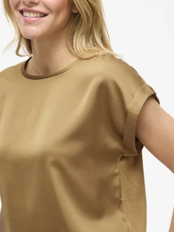 Vila naisten lyhythihainen toppi K-Viellette S/S Satin Top - NOOS, Bistre