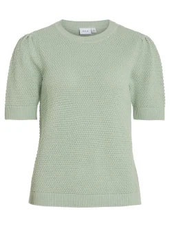 Vila naisten neulepusero, VIDALO O-NECK S/S KNIT TOP Vaaleanvihreä