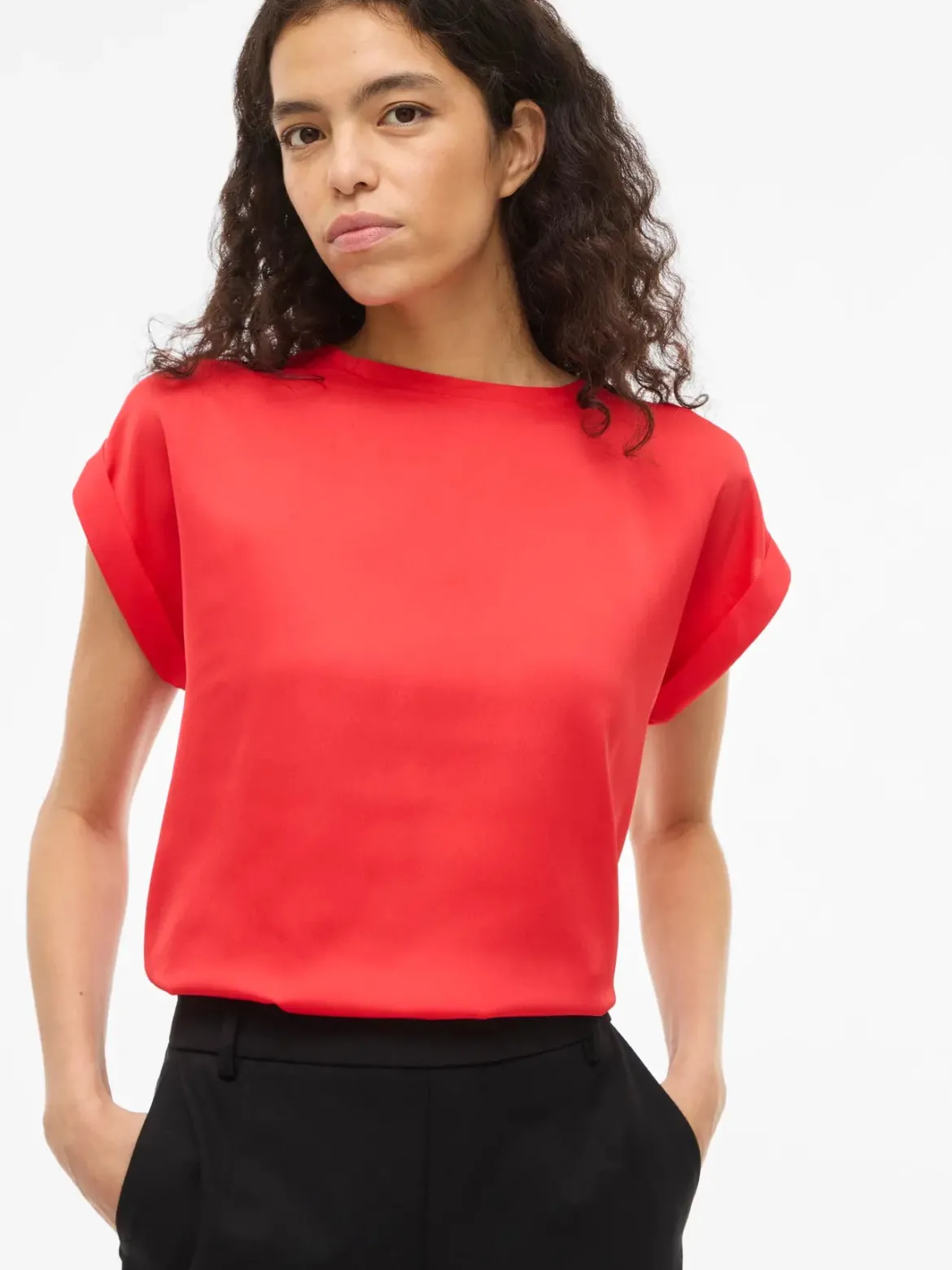 Vila naisten paita Viellette S/S Satin Top, Hibiscus