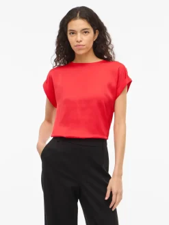 Vila naisten paita Viellette S/S Satin Top, Hibiscus
