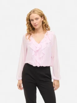 Vila naisten pusero Viane L/S V-Neck Frill Top, Cherry Blossom