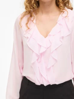 Vila naisten pusero Viane L/S V-Neck Frill Top, Cherry Blossom