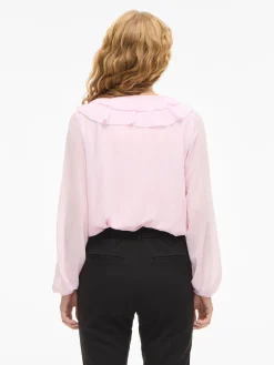 Vila naisten pusero Viane L/S V-Neck Frill Top, Cherry Blossom