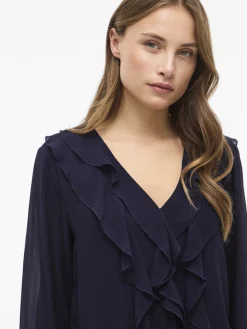 Vila Naisten Pusero Viane V-Neck Frill Top, Rhodonite