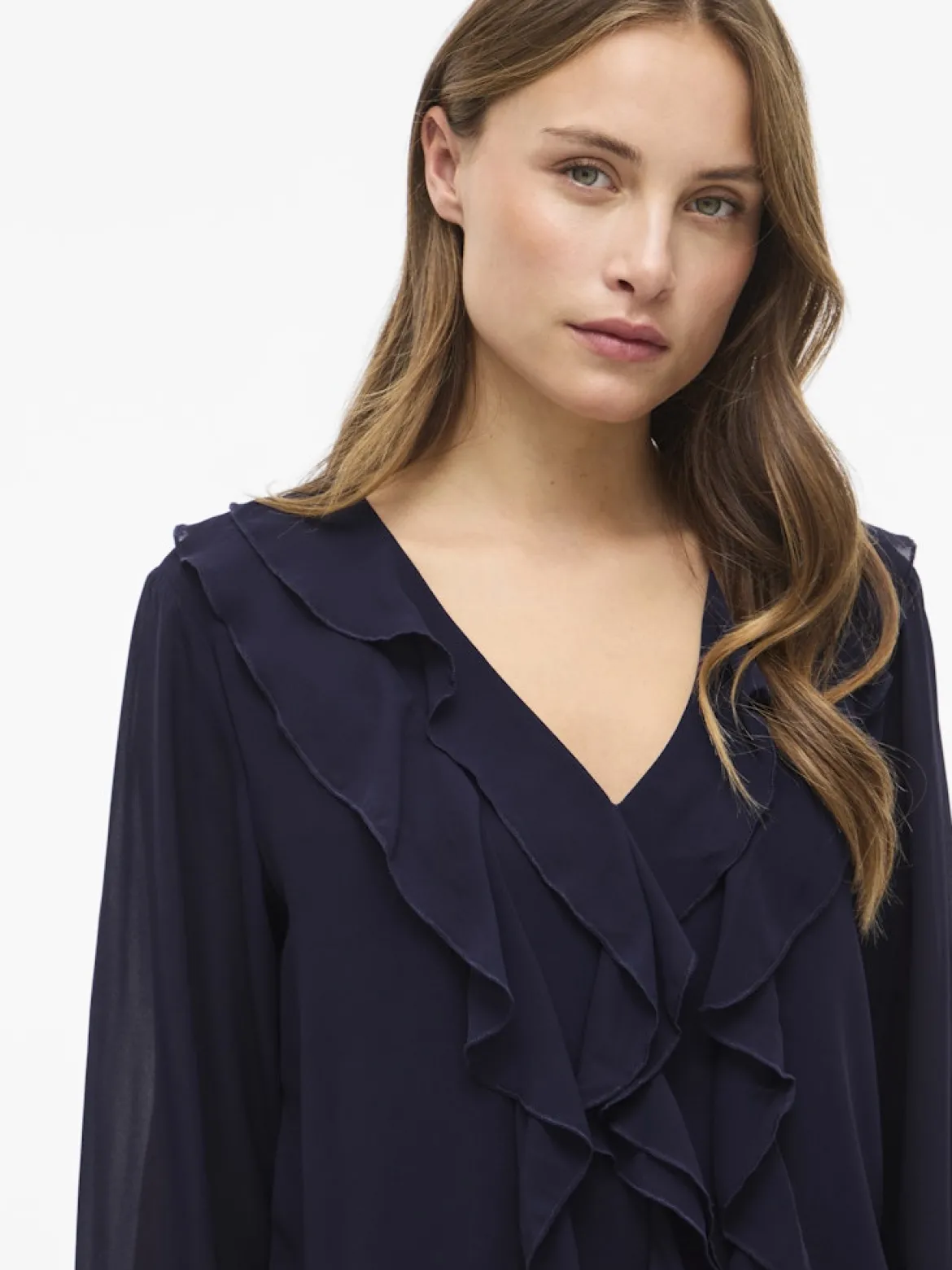 Vila Naisten Pusero Viane V-Neck Frill Top, Rhodonite