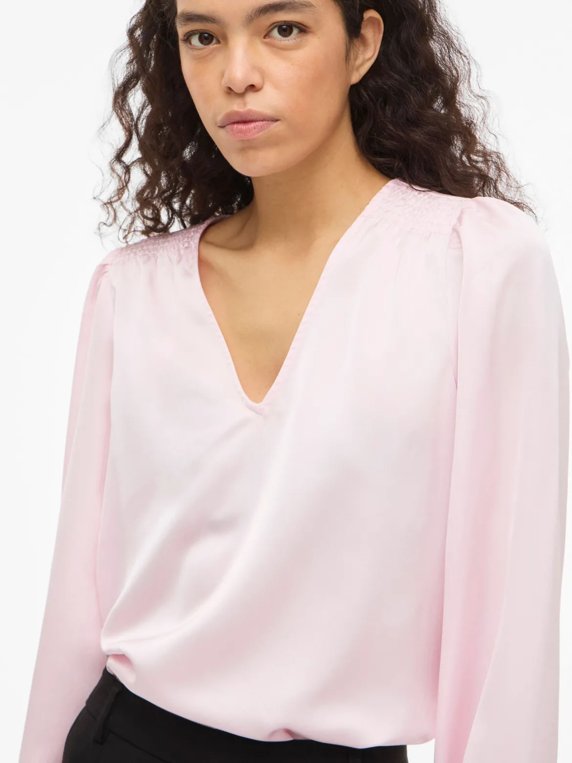 Vila naisten pusero Vielette L/S Smock Satin Top, Cherry Blossom