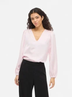 Vila naisten pusero Vielette L/S Smock Satin Top, Cherry Blossom