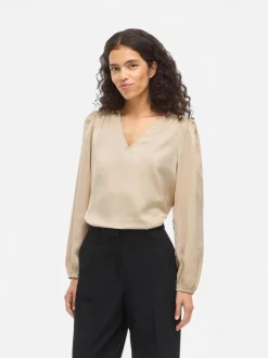 Vila naisten pusero Vielette L/S Smock Satin Top, Cement