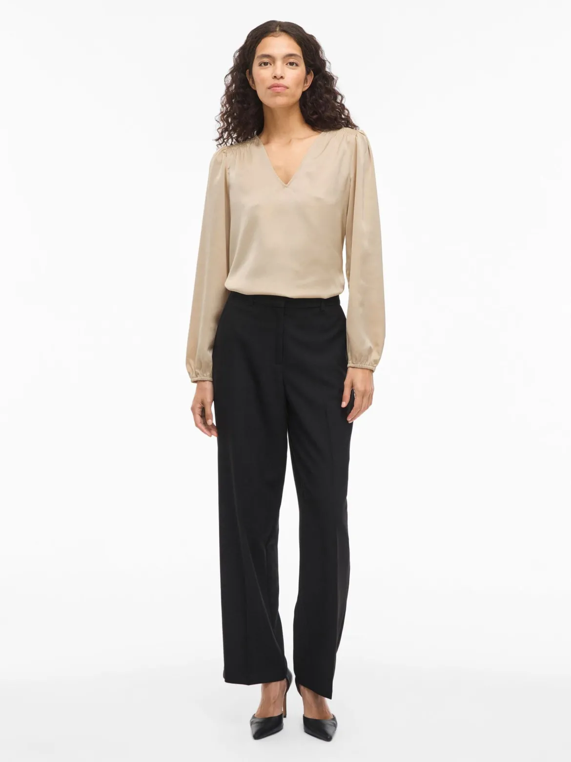 Vila naisten pusero Vielette L/S Smock Satin Top, Cement