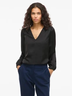 Vila naisten pusero Vielette L/S Smock Satin Top, musta