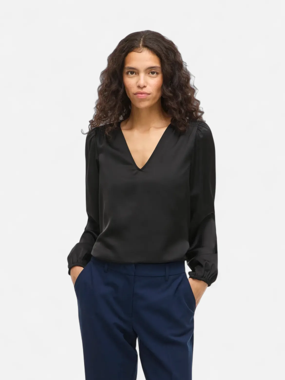 Vila naisten pusero Vielette L/S Smock Satin Top, musta