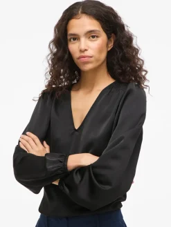 Vila naisten pusero Vielette L/S Smock Satin Top, musta