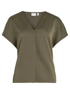 Vila naisten satiinitoppi, VIELLETTE V-NECK S/S SATIN TOP Khaki