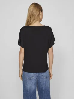 Vila naisten satiinitoppi, VIELLETTE V-NECK S/S SATIN TOP Musta