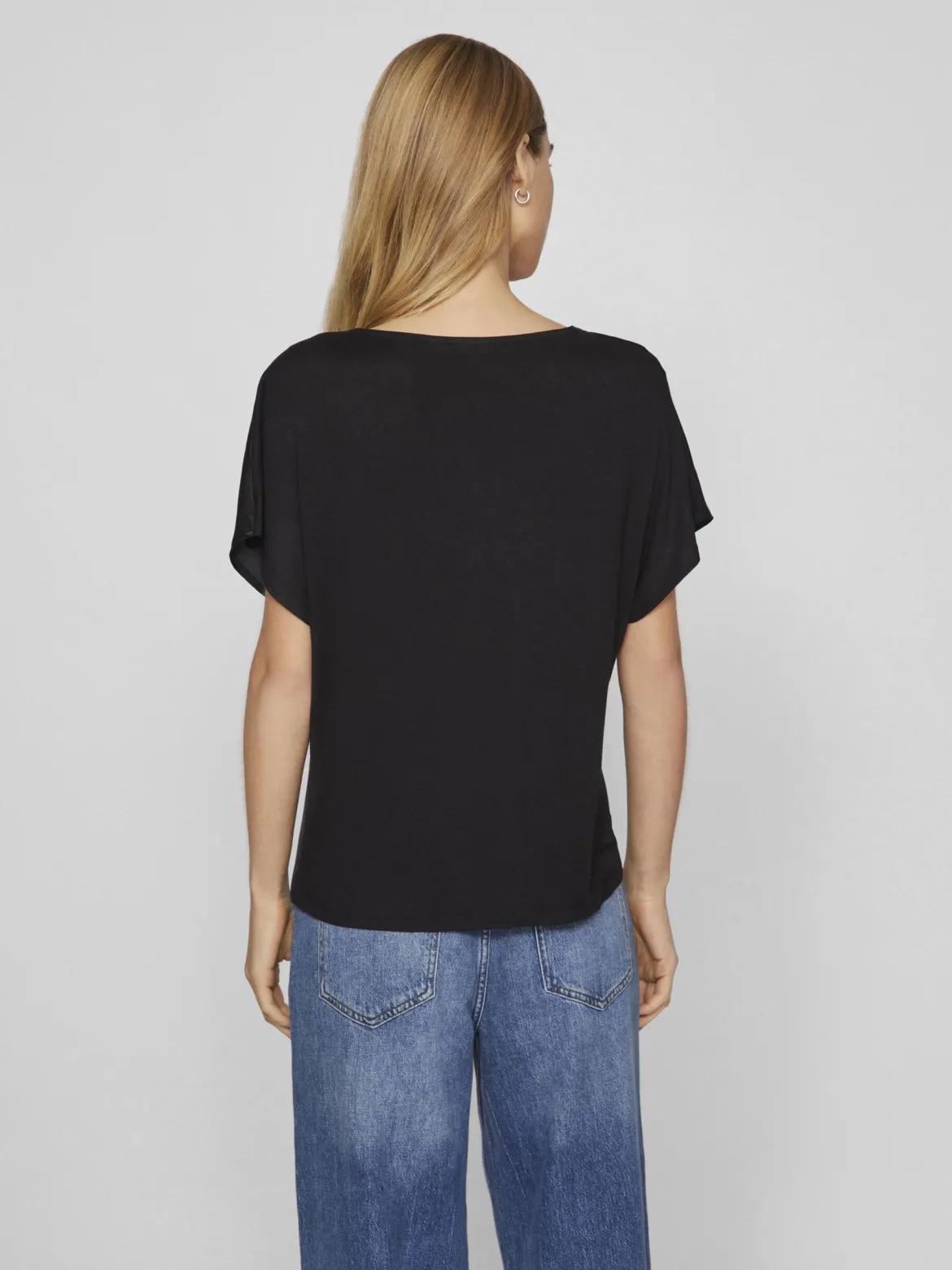 Vila naisten satiinitoppi, VIELLETTE V-NECK S/S SATIN TOP Musta