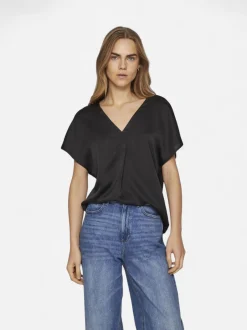 Vila naisten satiinitoppi, VIELLETTE V-NECK S/S SATIN TOP Musta