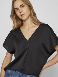Vila naisten satiinitoppi, VIELLETTE V-NECK S/S SATIN TOP Musta