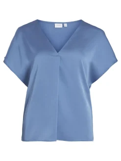 Vila naisten satiinitoppi, VIELLETTE V-NECK S/S SATIN TOP Sininen