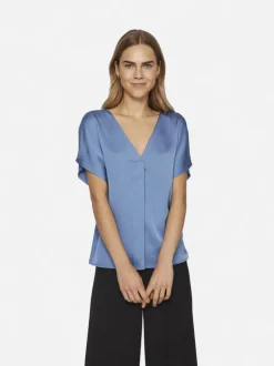 Vila naisten satiinitoppi, VIELLETTE V-NECK S/S SATIN TOP Sininen
