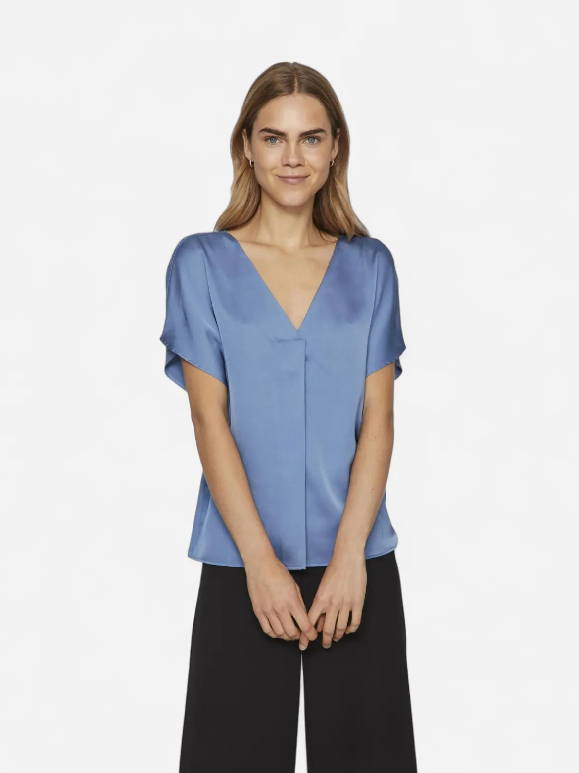 Vila naisten satiinitoppi, VIELLETTE V-NECK S/S SATIN TOP Sininen