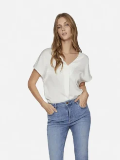 Vila naisten satiinitoppi, VIELLETTE V-NECK S/S SATIN TOP Valkoinen