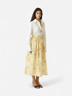 Y.A.S naisten hame YASLEMON HW Ankle Skirt, Pale Banana Lemon print