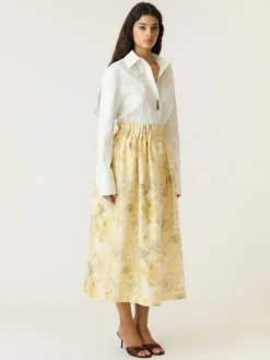 Y.A.S naisten hame YASLEMON HW Ankle Skirt, Pale Banana Lemon print